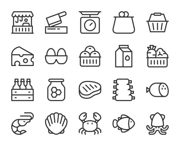 ilustraciones, imágenes clip art, dibujos animados e iconos de stock de nuevos iconos de línea de mercado - symbol vegetable food computer icon