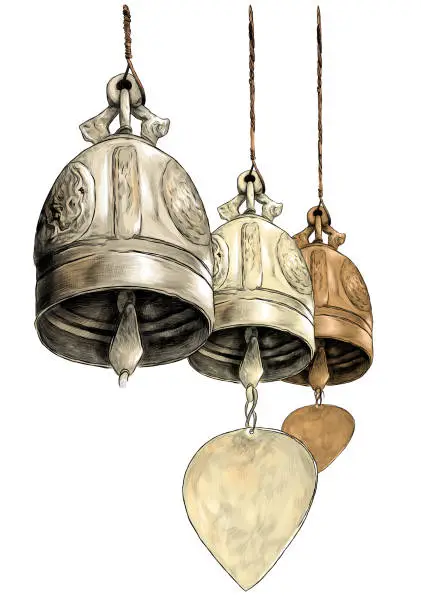 Vector illustration of three hanging metal bells in Buddhist temple