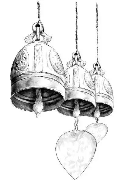 Vector illustration of three hanging metal bells in Buddhist temple