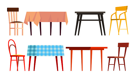 Home Table Chair Icon Set Vector. Wooden Dinner Furniture. Isolated Flat Illustration