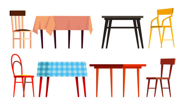 Home Table Chair Icon Set Vector. Wooden Dinner Furniture. Isolated Flat Cartoon Illustration Home Table Chair Icon Set Vector. Wooden Dinner Furniture. Isolated Flat Illustration round wooden chair stock illustrations