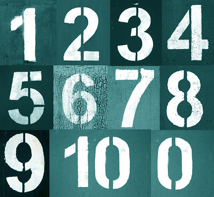Numbers 0 to 10 in stencil on metal wall in cyan tone. Abstract background and texture for design.