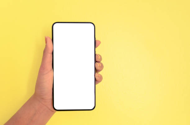 istock Human hand holding smartphone with white screen background. 1136809240