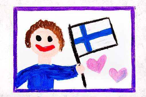 Colorful drawing: Happy man holding  Finnish flag. Flag of  Finland and smiling boy