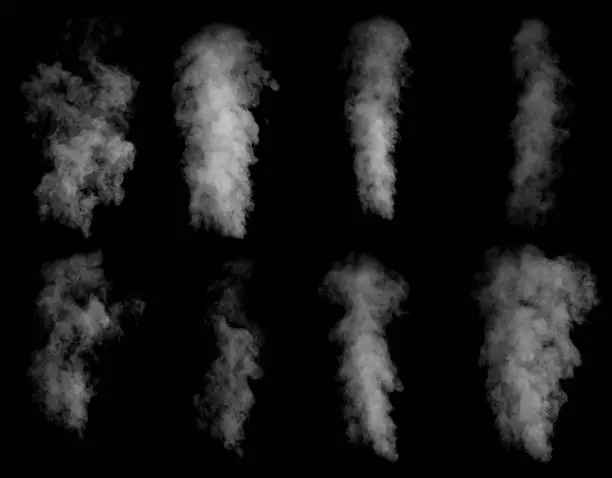 Set of different clouds of smoke isolated on black background