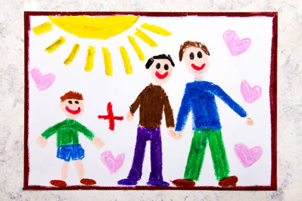 istock Colorful drawing: Happy gay parents and his adopted son. Two fathers and a child 1136810607