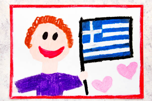 dessin coloré: homme heureux retenant le drapeau grec.  drapeau de la grèce et garçon de sourire - greek culture greek flag greece little boys photos et images de collection