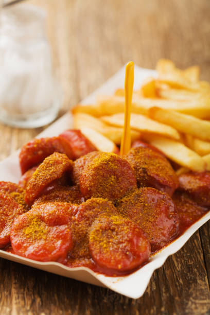 currywurst alemán tradicional, servido con patatas fritas en bandeja de papel desechable. - currywurst fotografías e imágenes de stock