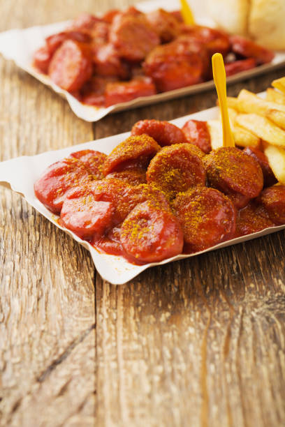 istock Traditional German currywurst, served with chips on disposable paper tray. 1136814331