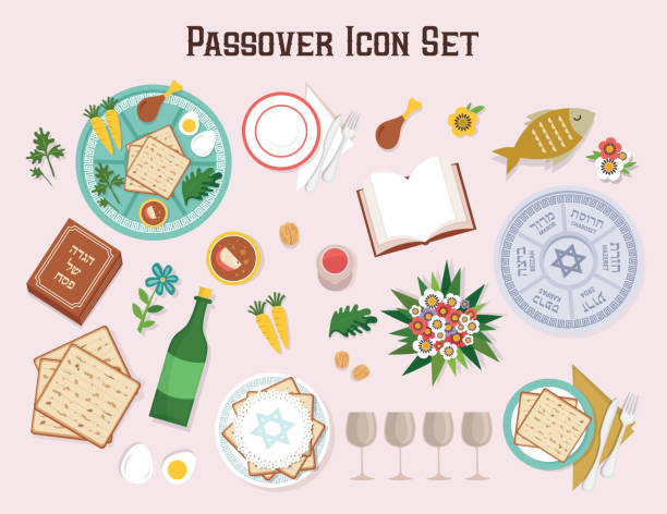 illustrazioni stock, clip art, cartoni animati e icone di tendenza di set icona pasqua con piatto seder hagadah e wine-vector - matzo