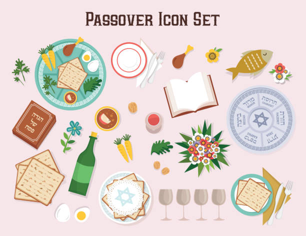 ilustrações de stock, clip art, desenhos animados e ícones de passover icon set with seder plate hagadah and wine-vector - passover seder wine matzo