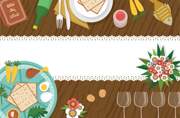 stół paschalny seder z płytą seder i innymi elemnts-vector - seder stock illustrations