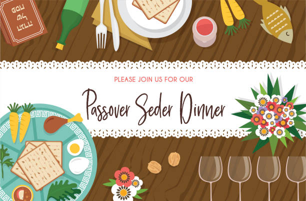 passah-seder-tisch mit seder-platte und anderen elemente-vector - passover seder seder plate table stock-grafiken, -clipart, -cartoons und -symbole