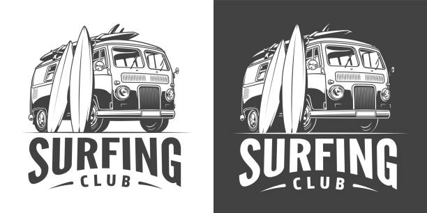 illustrations, cliparts, dessins animés et icônes de emblème de club de surf vintage - gravure surf