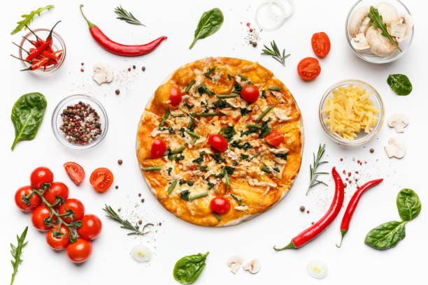 włoska pizza i różne składniki wyizolowane na bieli - tomato food directly above healthy eating zdjęcia i obrazy z banku zdjęć