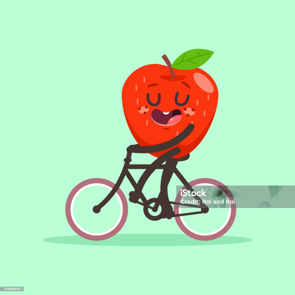 Cute apple rides a bike. Vector cartoon fruit character isolated on background. Apple rides a bike vector cartoon fruit character. Apple - Fruit stock vector