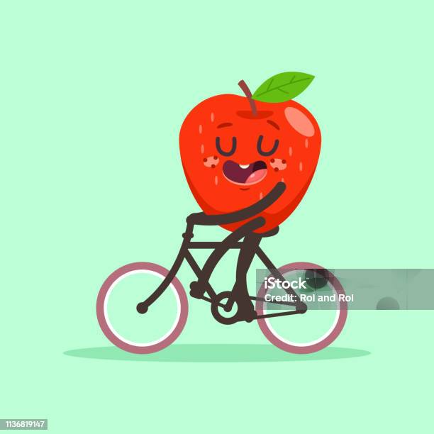 Cute Apple Rides A Bike Vector Cartoon Fruit Character Isolated On Background Stock Illustration - Download Image Now