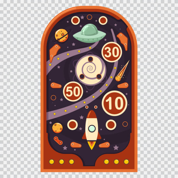 Retro pinball machine with space game. Vector cartoon illustration isolated on a transparent background. Pinball machine vector cartoon illustration. pinball machine stock illustrations