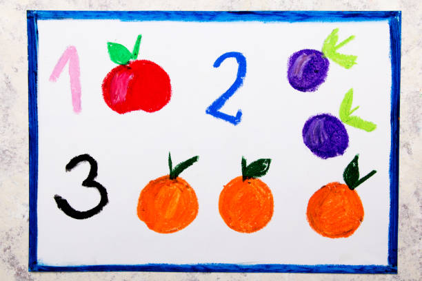dibujo a mano colorido. números: una manzana, dos ciruelas y tres naranjas - mathematics mathematical symbol preschool simplicity fotografías e imágenes de stock