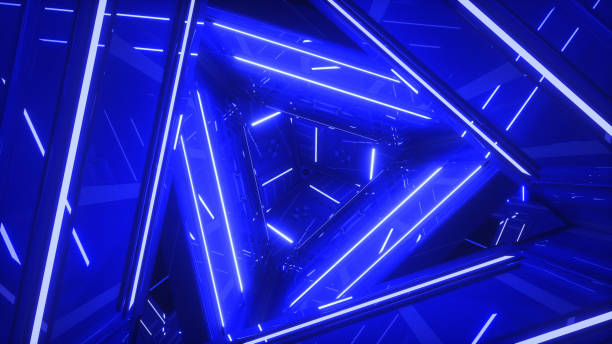 Triangle tunnel made of blue neons Digitally generated space. Triangle shape tunnel with blue illuminations triangle building stock pictures, royalty-free photos & images