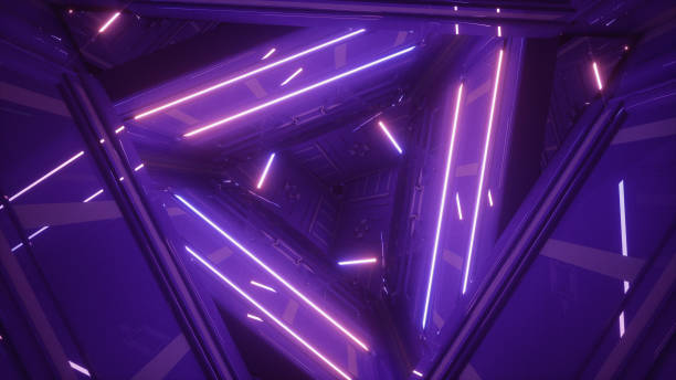 Triangle tunnel made of purple neons Digitally generated space. Triangle shape tunnel with purple illuminations triangle building stock pictures, royalty-free photos & images