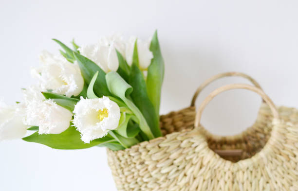 Wicker Handbag with Flowers Tulips