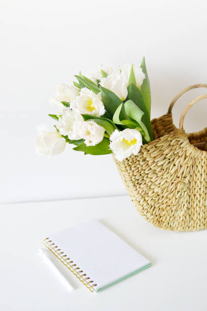 Wicker Handbag with Flowers Tulips