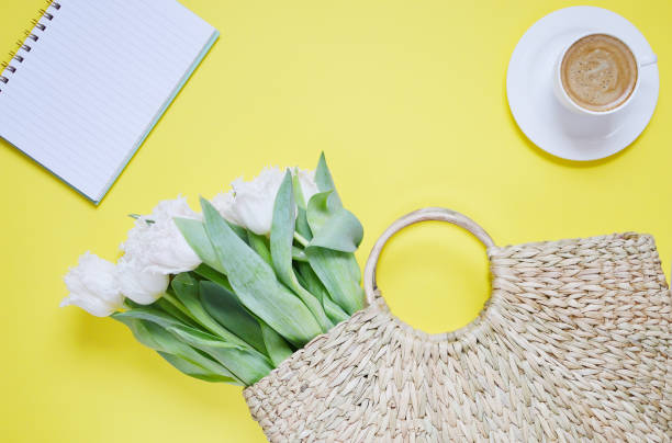 istock Wicker Handbag with Flowers Tulips, Morning, Cup with Coffee 1136820675