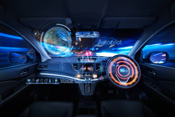 interni auto con guida autonoma - car steering wheel windshield speedometer foto e immagini stock