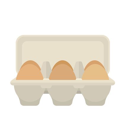 Open egg box with 6 brown eggs, flat vector design