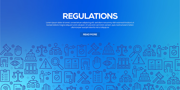 Vector set of design templates and elements for Regulations in trendy linear style - Seamless patterns with linear icons related to Regulations - Vector