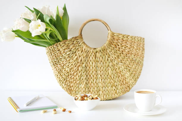 istock Wicker Handbag with Flowers Tulips, Morning, Cup with Coffee 1136822854