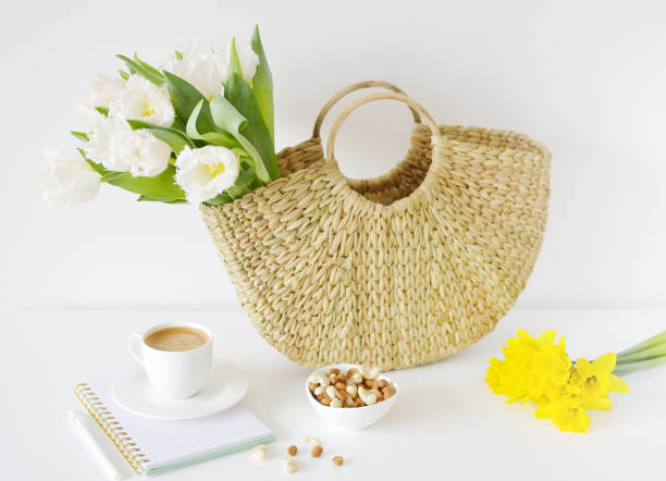 istock Wicker Handbag with Flowers Tulips, Morning, Cup with Coffee 1136822855