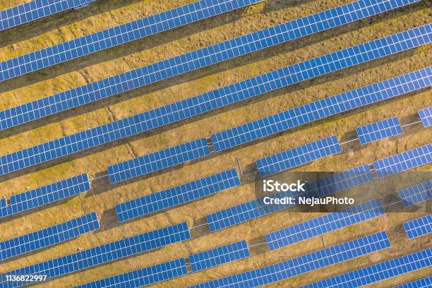 Drone View Of Solar Panels Stock Photo - Download Image Now - Above, Aerial View, Agricultural Field