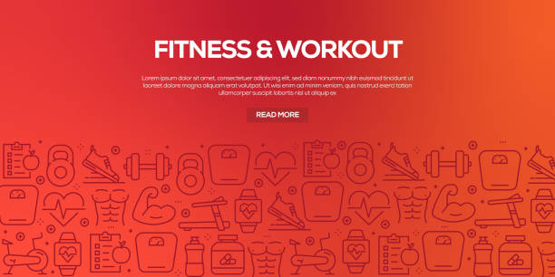 Vector set of design templates and elements for Fitness in trendy linear style - Seamless patterns with linear icons related to Fitness - Vector Vector set of design templates and elements for Fitness in trendy linear style - Seamless patterns with linear icons related to Fitness - Vector gym backgrounds stock illustrations