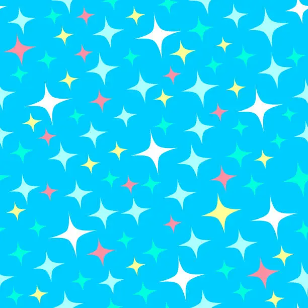 Vector illustration of Seamless pattern with starlight sparkles, twinkling stars. Shining blue background. Cartoon style.
