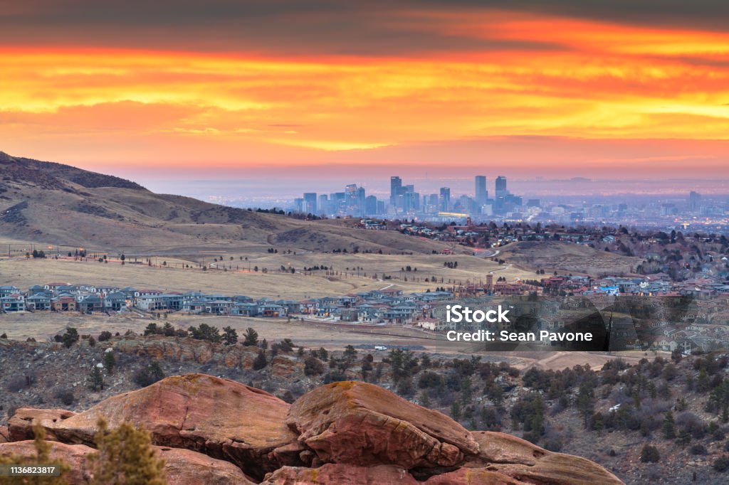Denver, Colorado, USA Denver, Colorado, USA downtown skyline viewed from Red Rocks at dawn. Denver Stock Photo