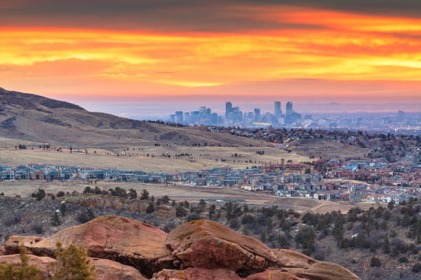 Denver, Colorado, USA Denver, Colorado, USA downtown skyline viewed from Red Rocks at dawn. denver photos stock pictures, royalty-free photos & images