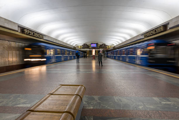 Two trains passing at a metro station in Minsk Belarus