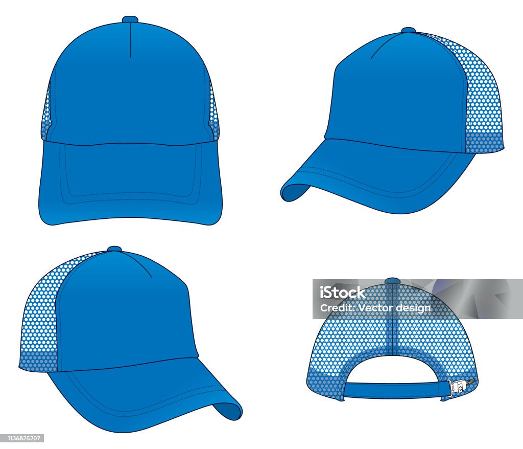Trucker Mesh Baseball Cap (5 Panel Cap) Blue Color Art stock vector