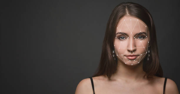 Futuristic and technological scanning of face for facial recognition Personal safety. Young woman face scanning for facial recognition, panorama with empty space scanning activity photos stock pictures, royalty-free photos & images