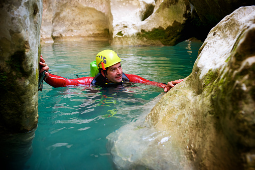 Canyoning in Vero river, Guara mountains, Huesca Province, Aragon in Spain.