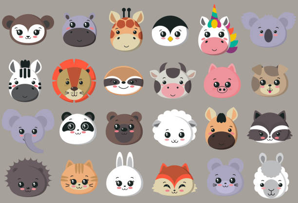 ilustrações de stock, clip art, desenhos animados e ícones de vector collection of cute animal faces, big icon set for baby design - elephant head