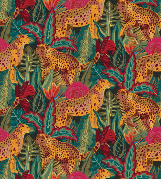 istock Vestor seamless pattern with jaguars, tropical leaves and flowers. 1136828716