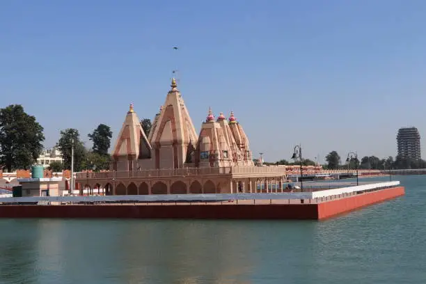 This is the Hindu temple at Brahmsarovar in Kurukshetra, Haryana, India. This is the land of Hindu epic Mahabharata and the temple is located at the heart of the city.