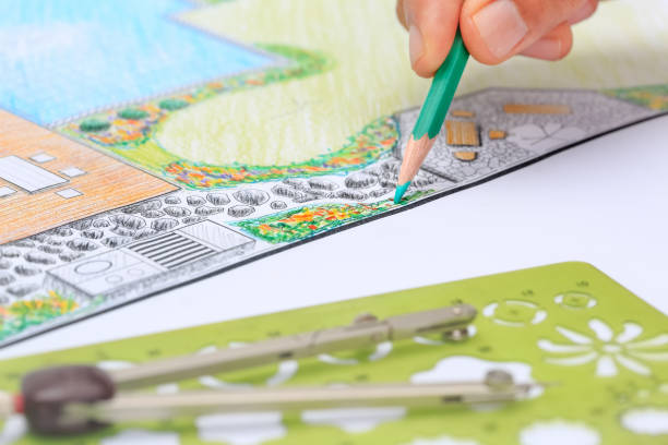 istock Backyard garden and pool design plan for villa. 1136831082
