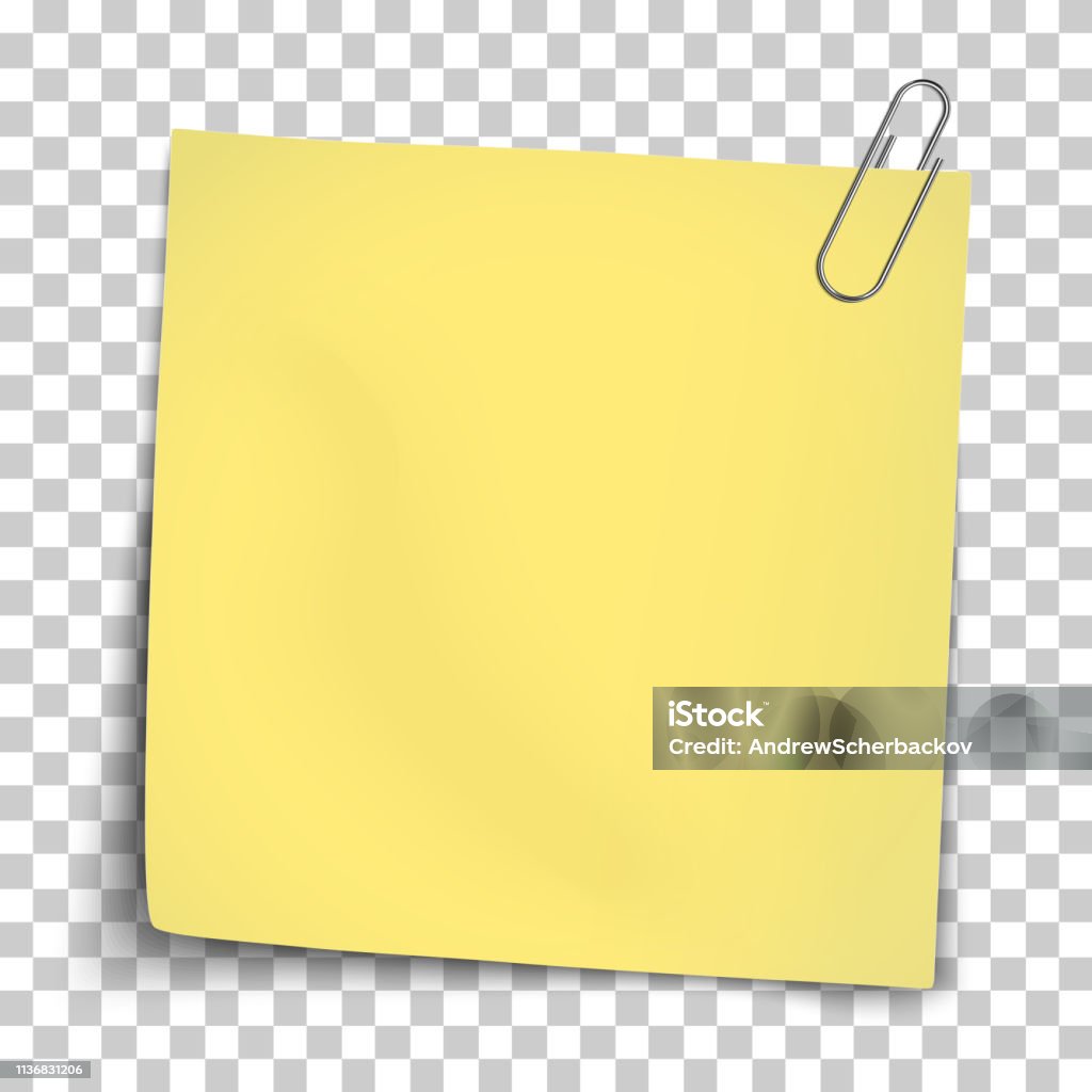 Mockup de papel do vetor da nota amarela unida pelo grampo de papel metálico coloc no fundo transparente. - Vetor de Papel Adesivo royalty-free