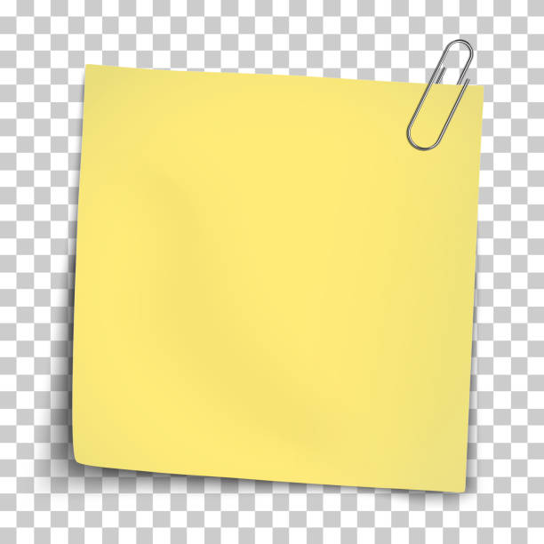 векторный бумажный макет желтой ноты, прикрепленный металлической бумажной зажимом, помещенной на прозрачный фон. - thumbtack message reminder office stock illustrations
