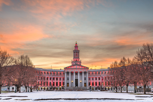 Denver, Colorado, USA  city and county building at dusk in winter.