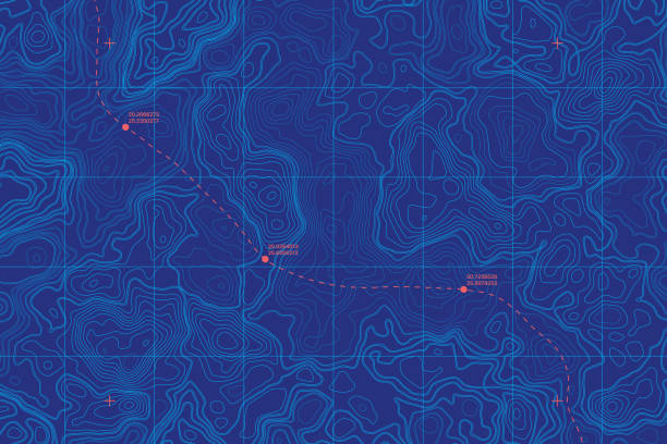 Conceptual Vector Sea Depth Topographic Map Sea Depth Topographic Map With Route And Coordinates Conceptual User Interface Blue Abstract Background. Bermuda Triangle tide stock illustrations
